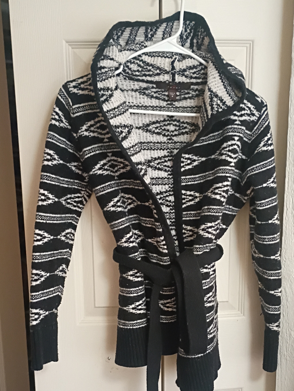 Fever Black and White Patterned Knit Belted Cardigan